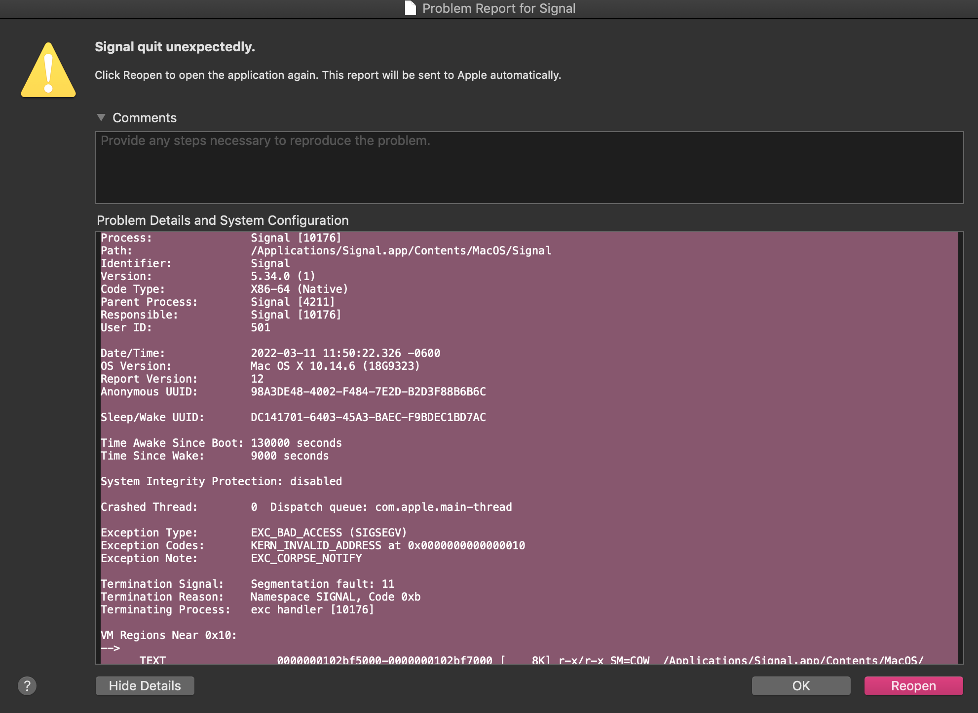 Signal for Mac keeps "crashing" without the application quitting