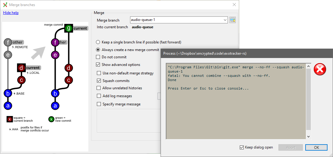 "fatal You cannot combine squash with noff" when squashmerging