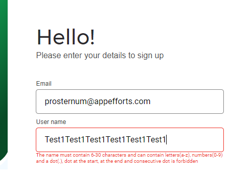 [Sign-up] The validation min/max count of characters in the 'User name ...