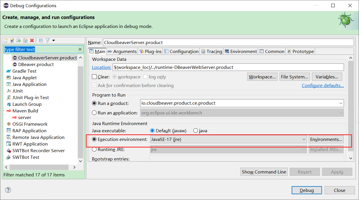 can not start cloudbeaver in eclipse ; java -version : 17 maven : 3.8.6 ...