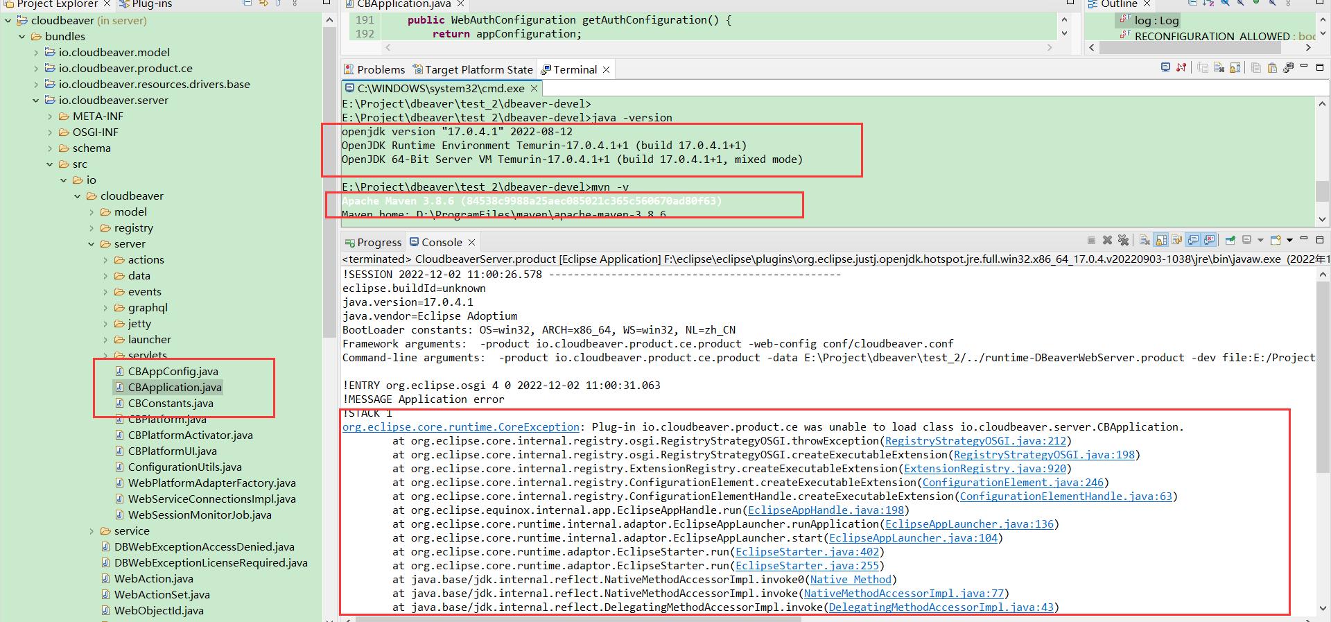 can not start cloudbeaver in eclipse ; java -version : 17 maven : 3.8.6 ...
