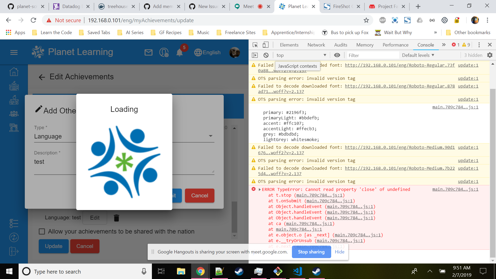 Achievements: Add other information spinner stuck · Issue #3139 · open ...