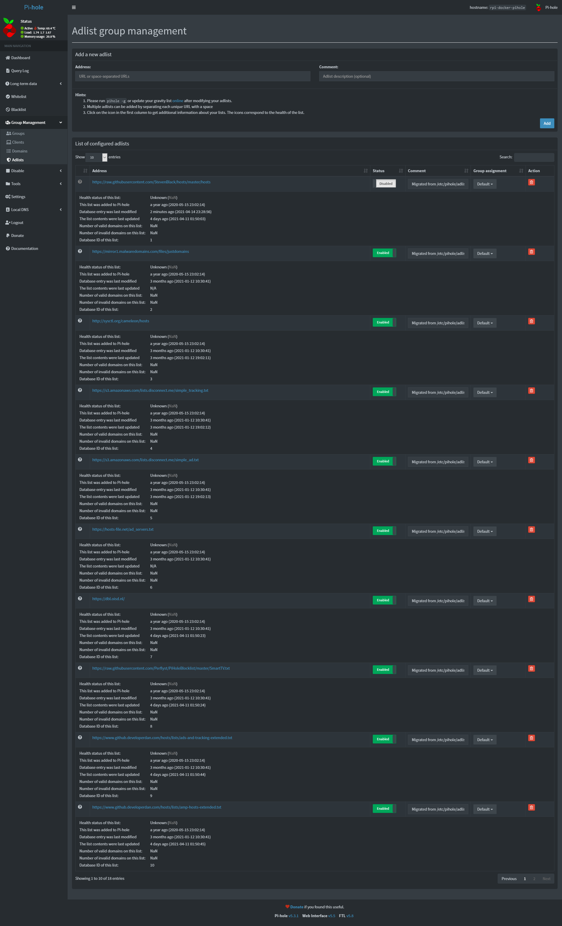 Problems with adlist page on new v5.8 · Issue #1780 · pi-hole/web · GitHub