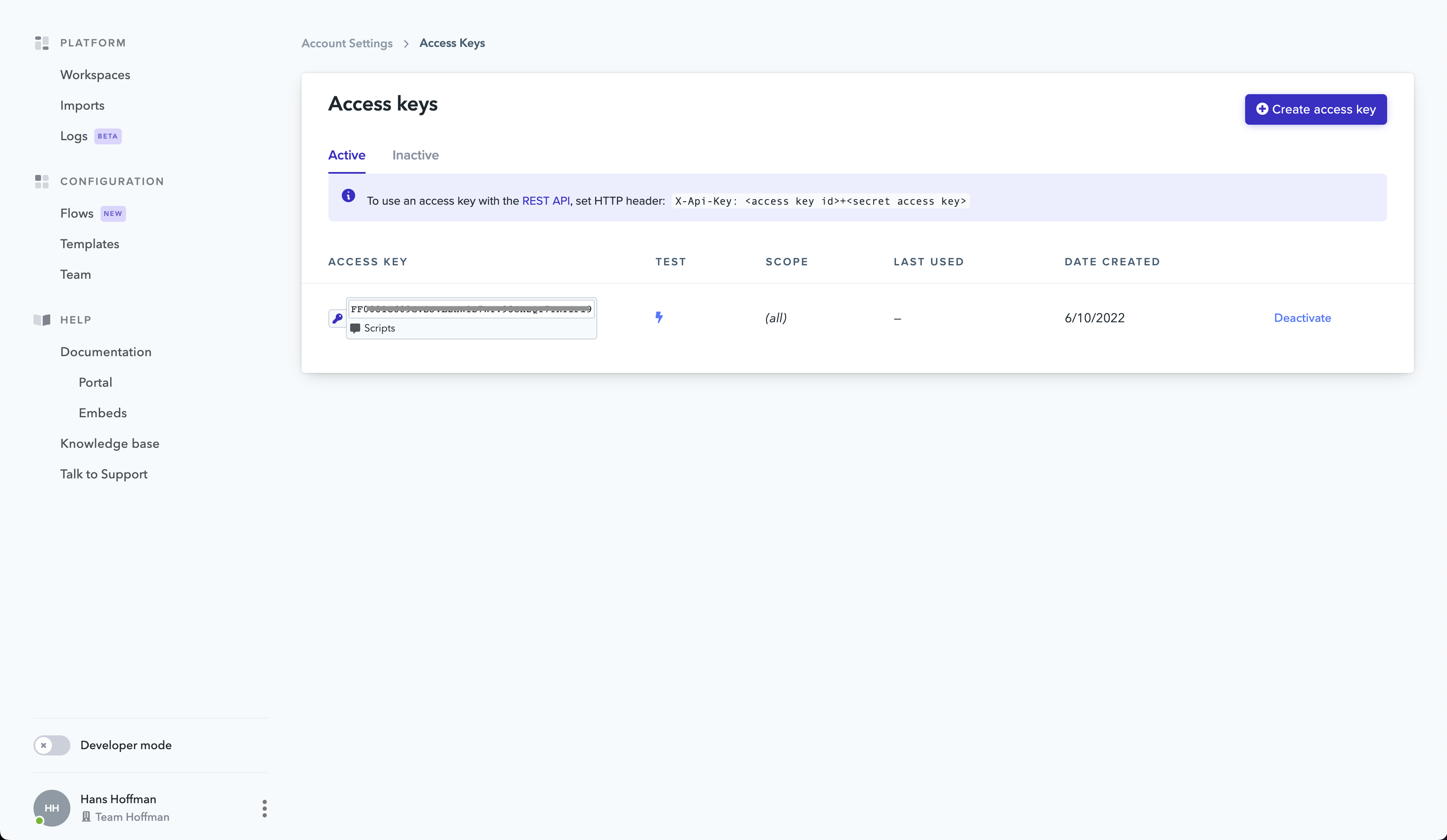 how to generate access keys within the flatfile dashboard