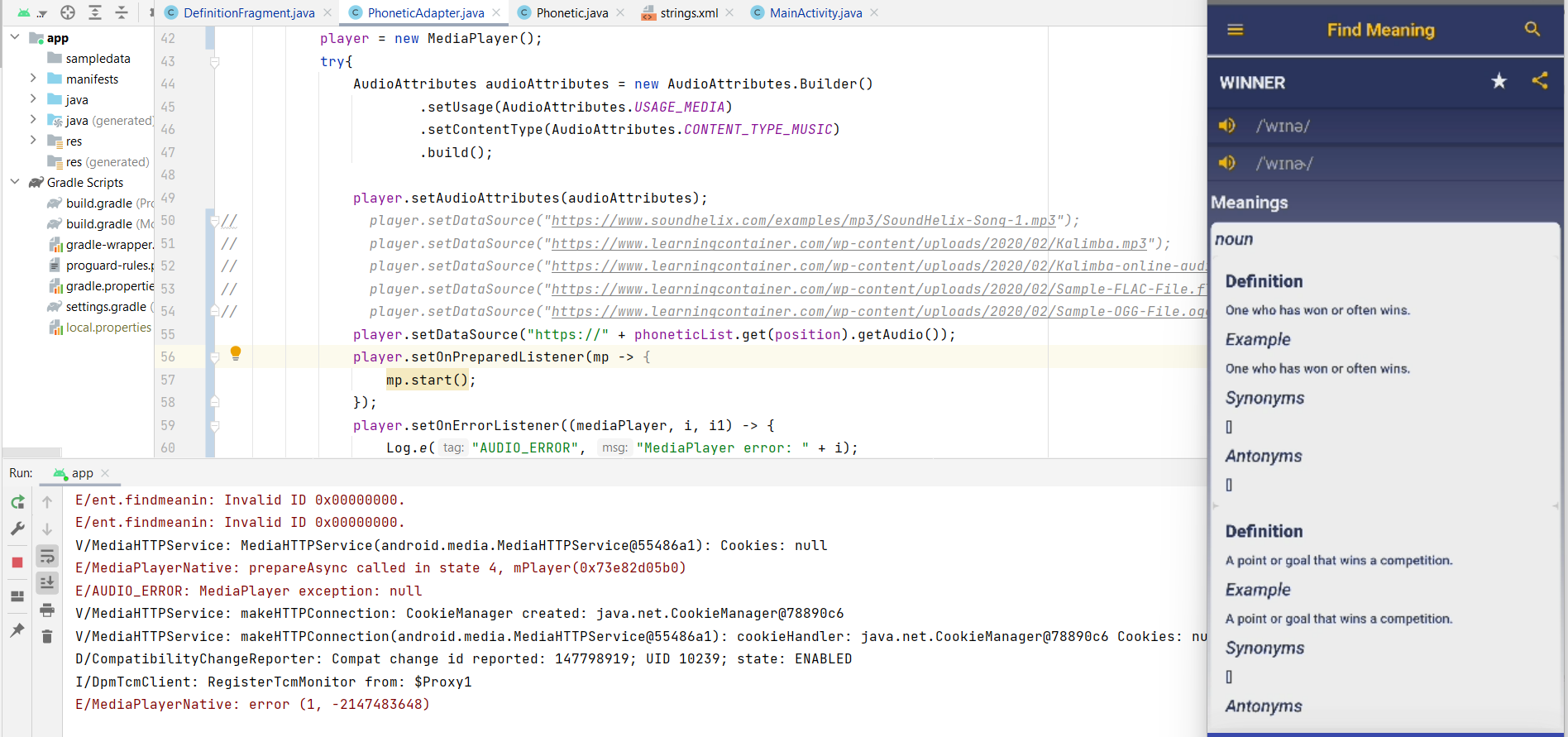 In android java the audio is not playing from "https://dictionaryapi ...