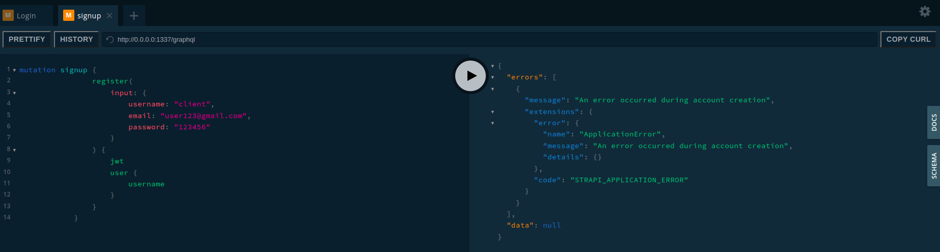Wrong error messages when sending "register" mutation to create a new ...