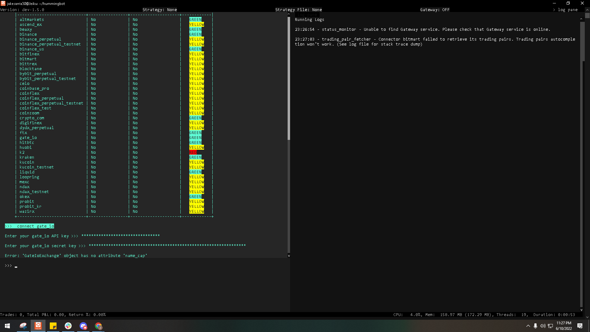 Gate.io - Error: `GateIOExchange` object has no attribute `name_cap` ·  Issue #5393 · hummingbot/hummingbot