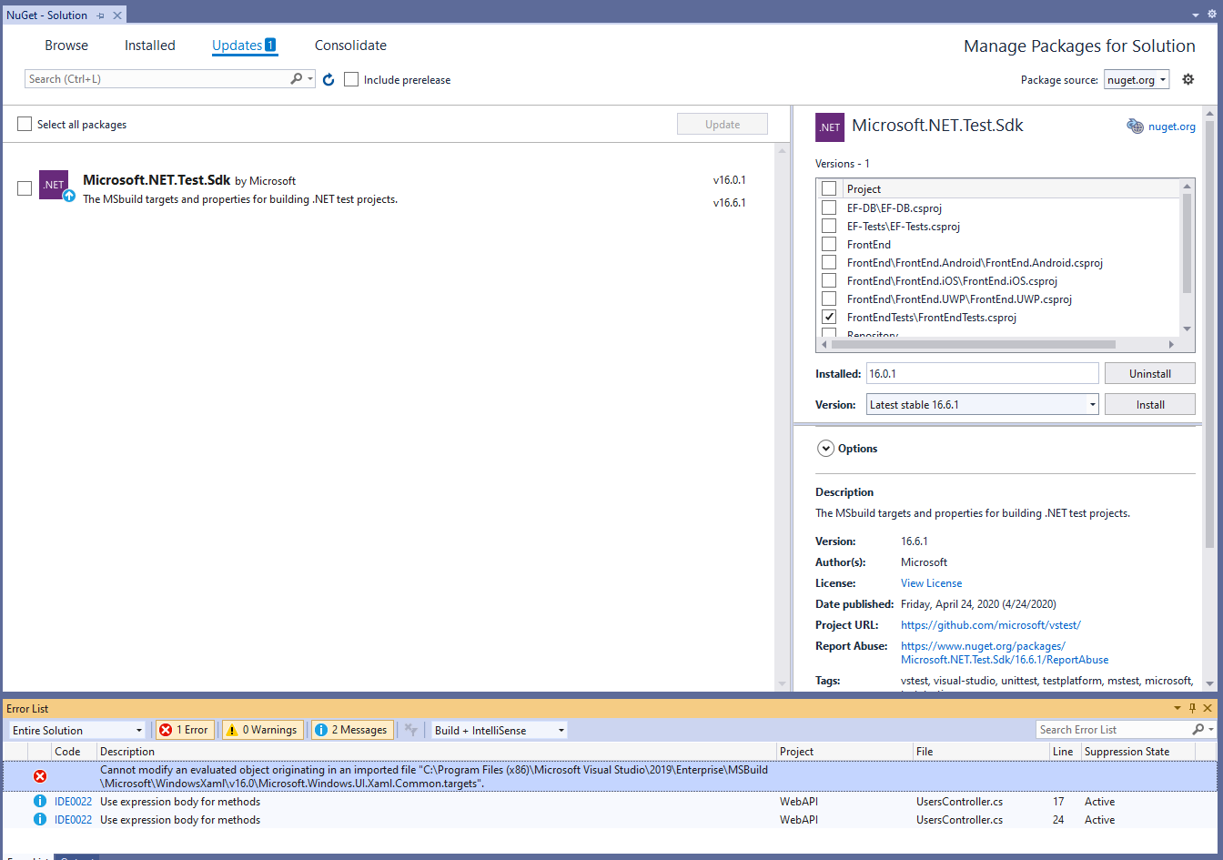 Cannot update Microsoft.NET.Test.Sdk from v16.0.1 to v16.6.1 · Issue #2486  · microsoft/vstest · GitHub
