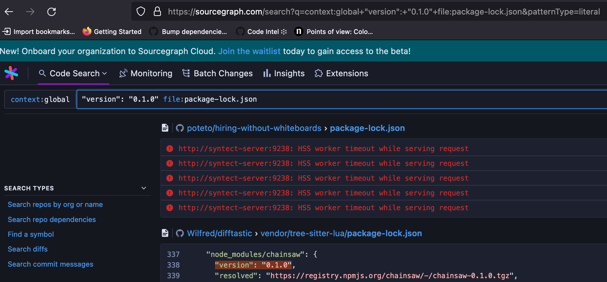 search showing highlighting timeouts