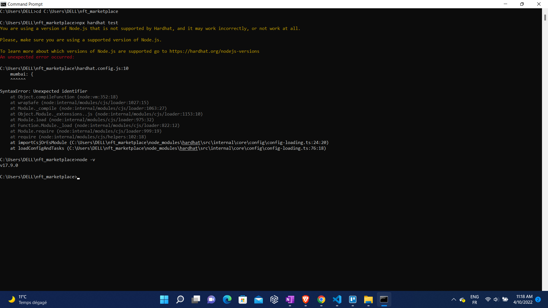 why i install the ls current version of nodejs 17.9.0 and still getting