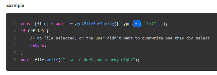 Incorrect object syntax in fs.getFileForSaving() example · Issue #137 ...