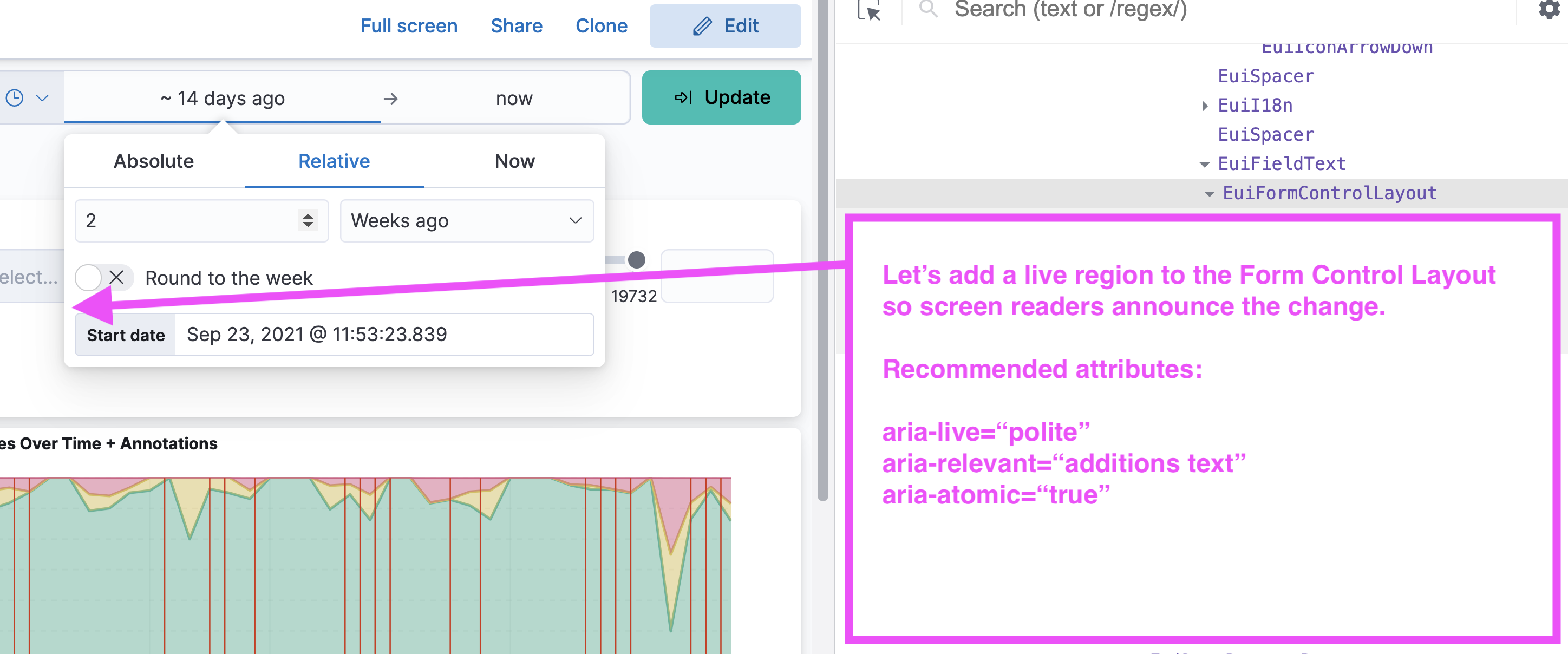Screen capture showing where to add a live region