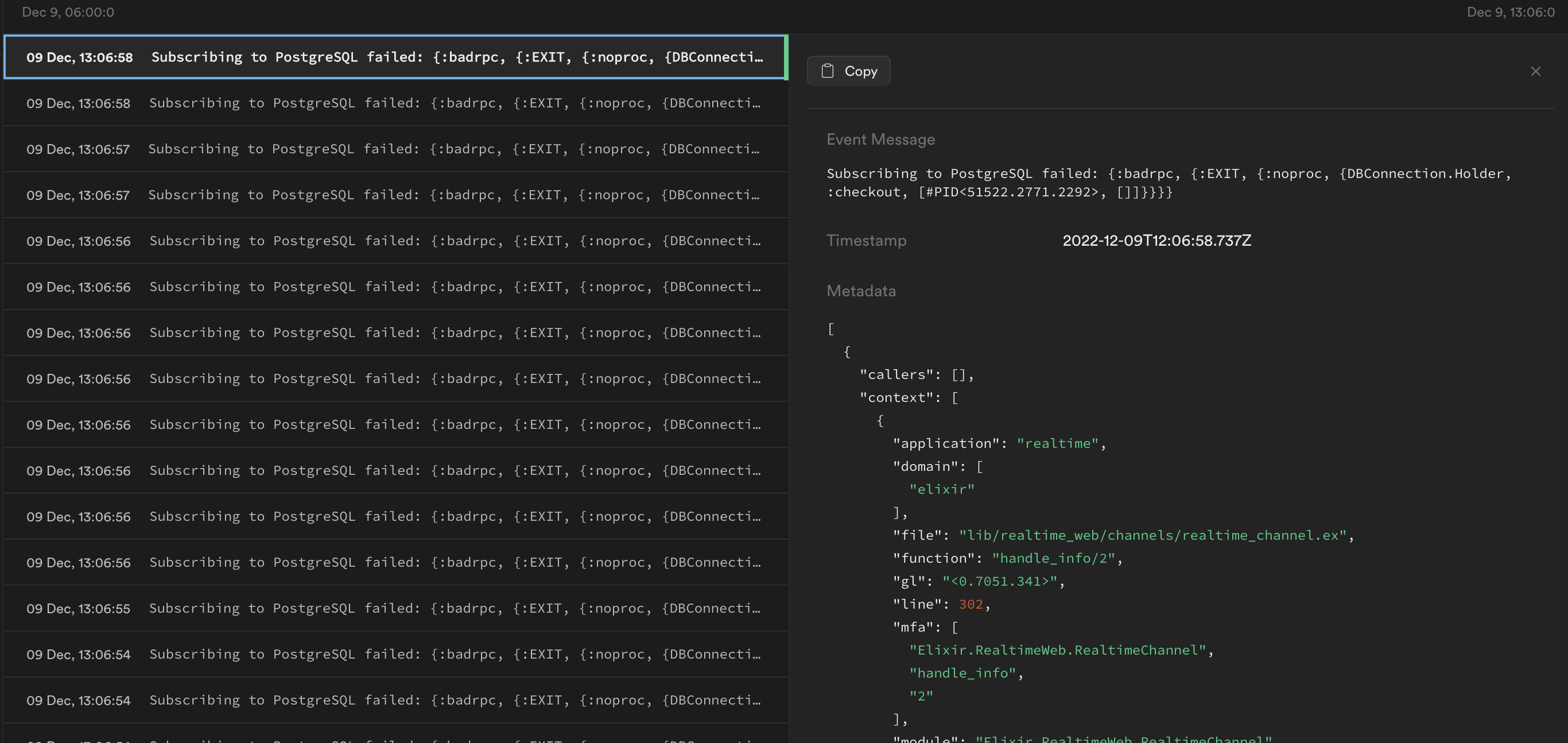 Realtime stopped working and logs are being flooded with error events ...