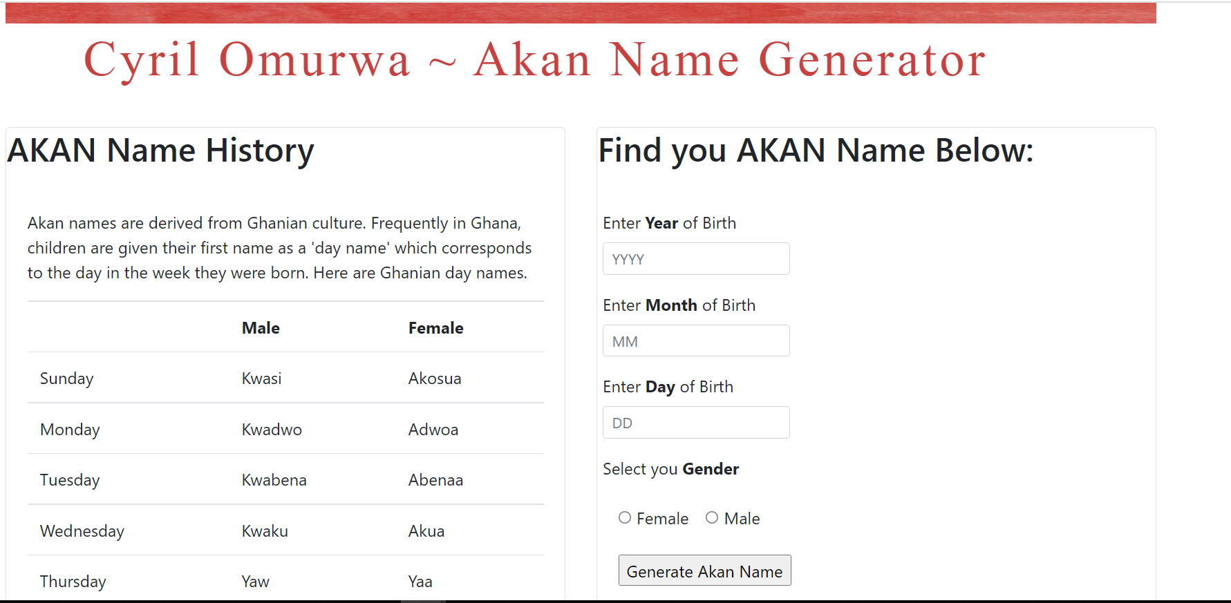 GitHub cyrilomurwa/akannamegenerator The program will display your Akan Name from provided