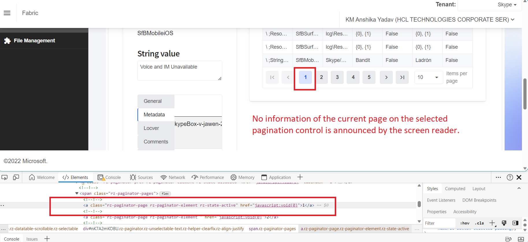 No information of the Current/Selected page on the selected pagination