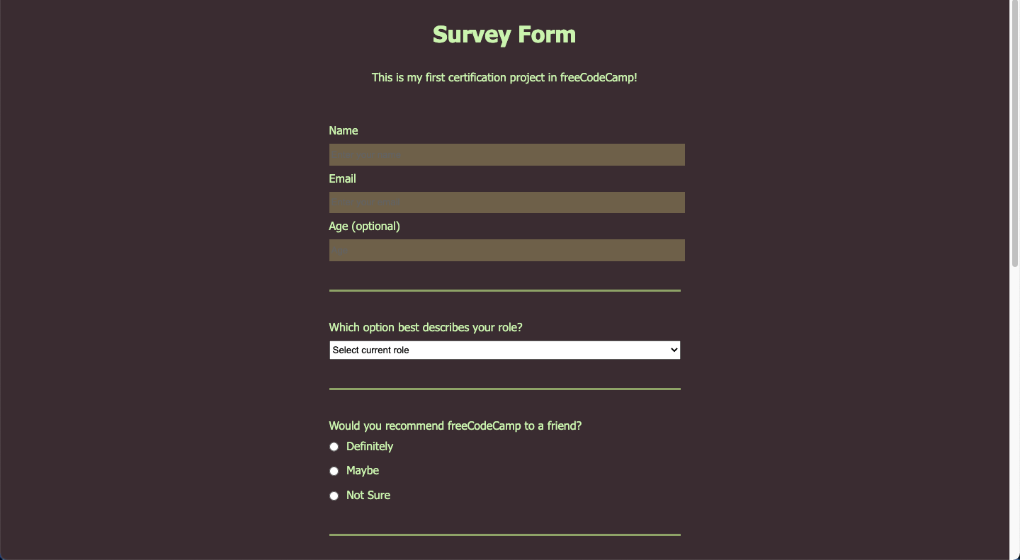 GitHub - aceDizzy/survey-form: One of my certification projects in ...