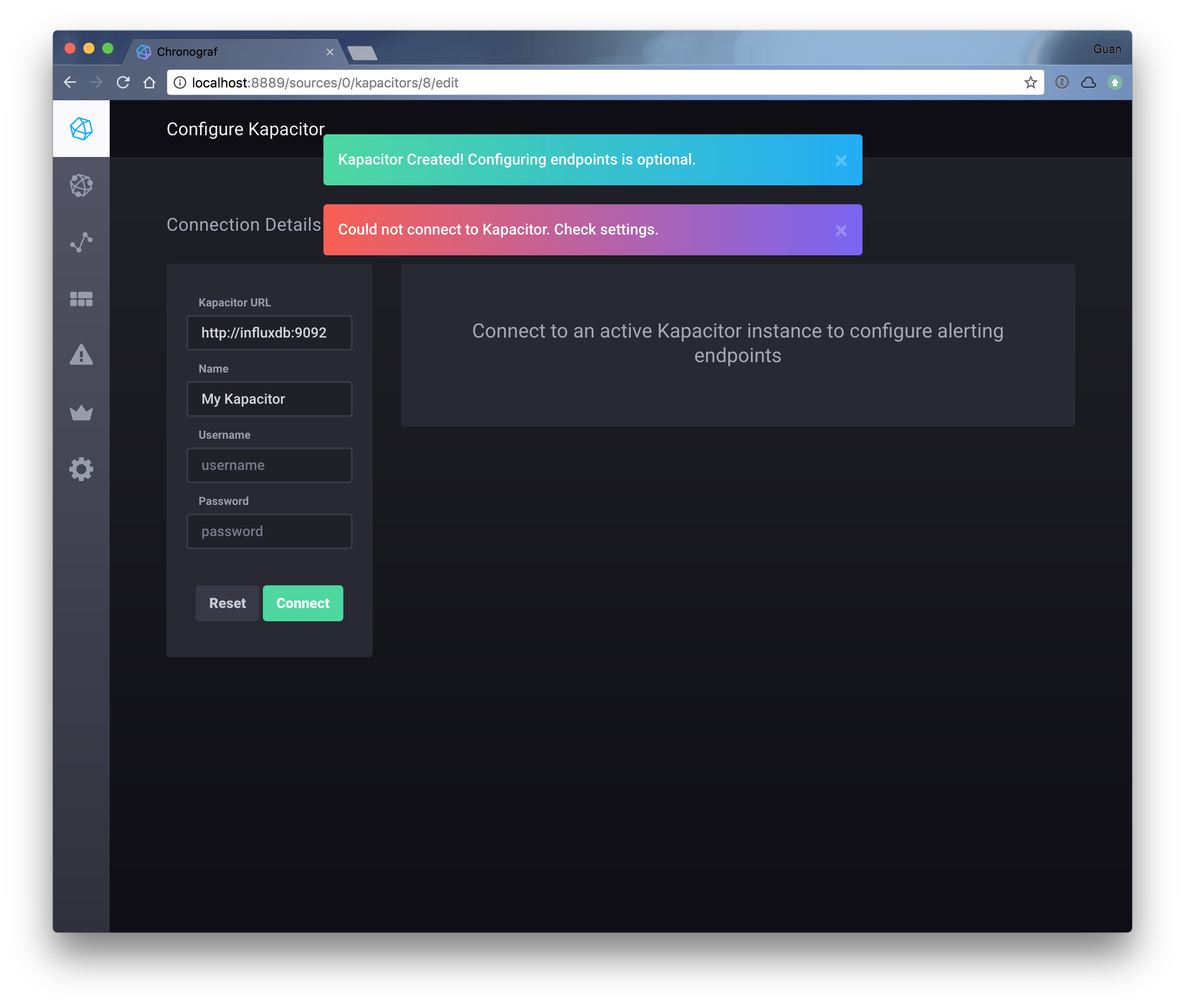 Could not connect to Kapacitor. Check settings. · Issue 1959