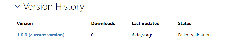 Package that failed validation is visible under "Published Packages ...