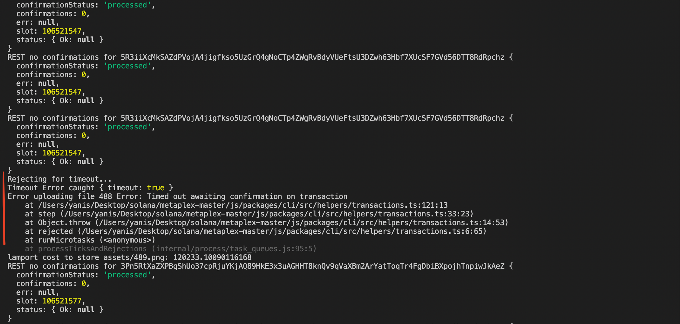 Error uploading file xxx Error: Timed out awaiting confirmation on  transaction when running upload command on mainnet · Issue 949 ·  metaplex-foundationmetaplex · GitHub