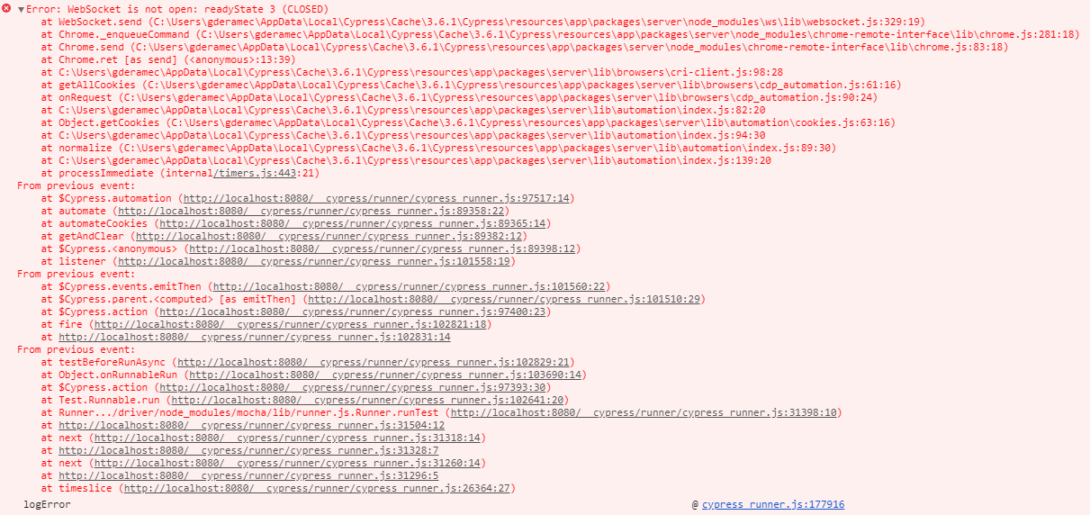 Socket is not open readyState 3 (CLOSED) error when watching test