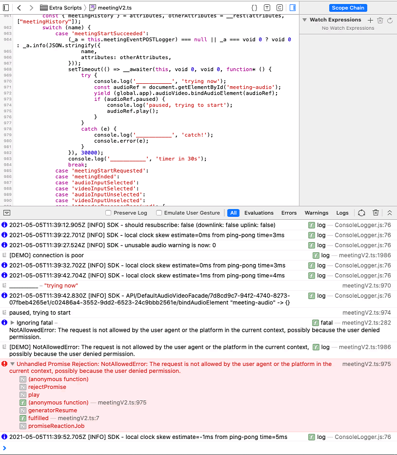 Missing promise rejection\\error from audioVideo.bindAudioElement on ...