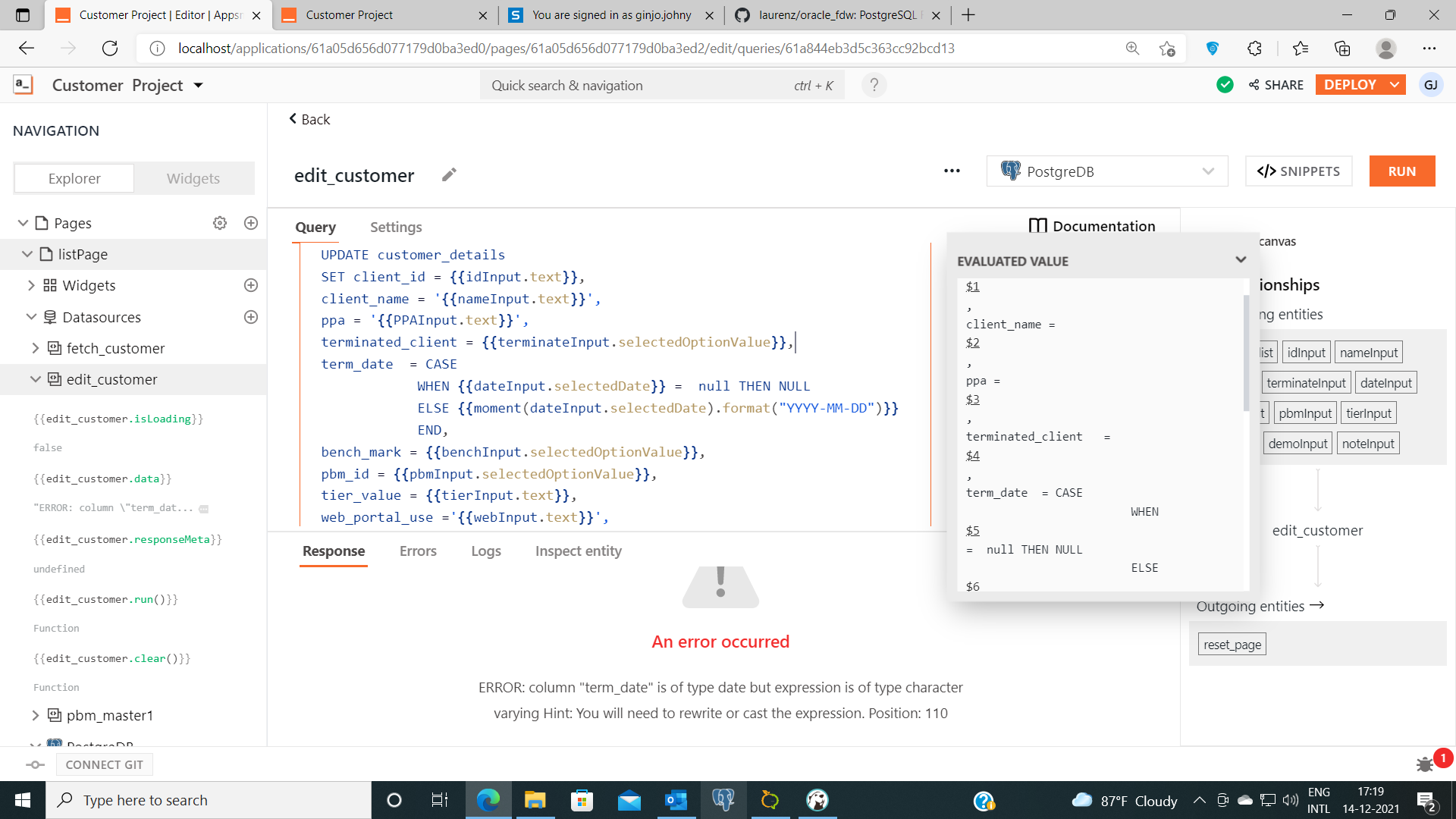 Bug]-[10000]:I am able to insert data with null value in a date field to  postgres table from Appsmith. But when I retrieve a row in a modal form  with a validate and