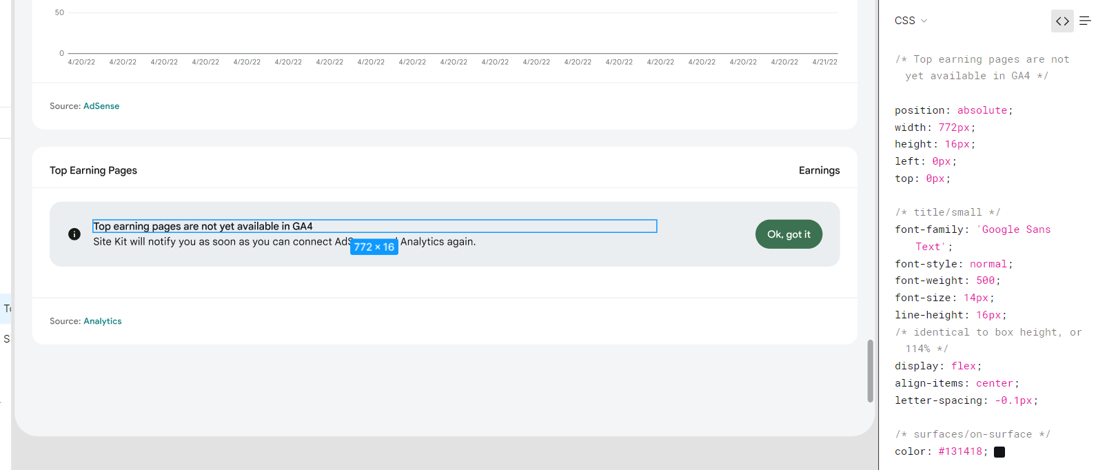 Unavailable notice for Adsense "Top Earning Pages" widget · Issue 6573