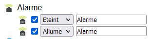 éteint et allume sont cochés sous l'appareil Alarme