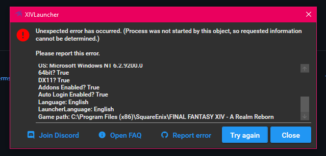 Unexpected error · Issue #853 · goatcorp/FFXIVQuickLauncher · GitHub