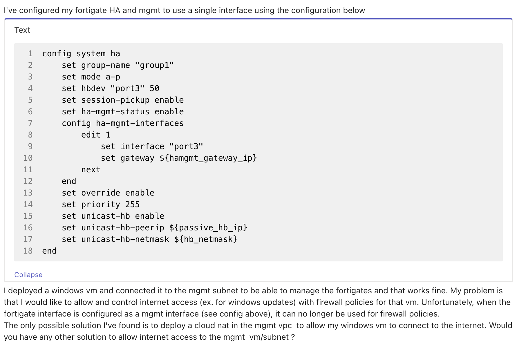 Fortigate configuration VM in mgmt can have access