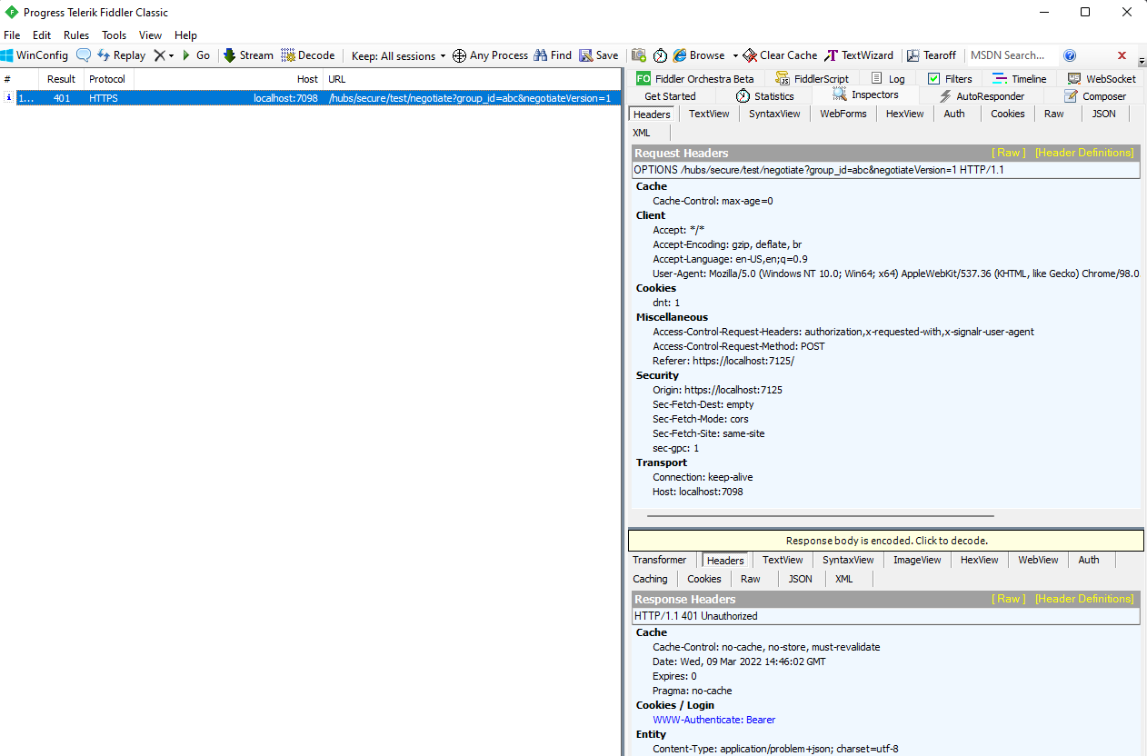 Receiving a 401 on negotiate request to a secured signalR hub in ...