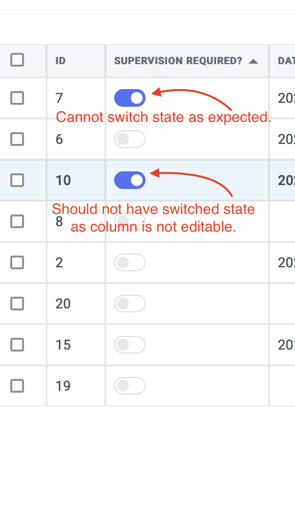 Toggle Switch in table able to toggle when column is not editable