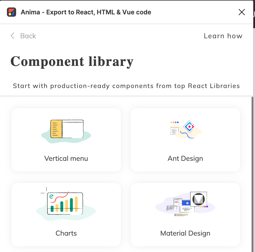 Screnshot of Anima plugin on Figma, showing the component library panel