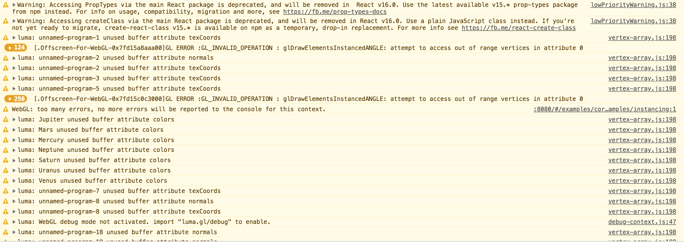 Several warnings from vertex-array class in console running examples ...