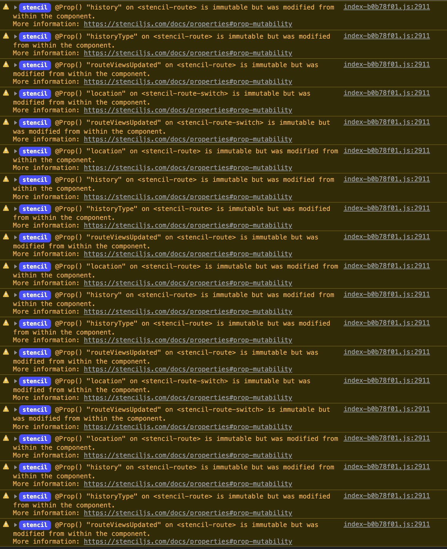 bug 30 warnings concerning immutables Prop in stencil route and