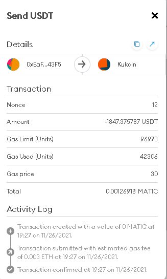 kukoin transaction 22 from Metamask Tether 1847