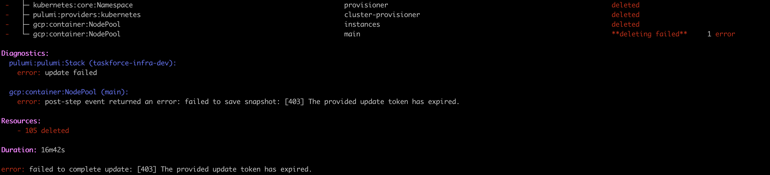 Failing to delete a node pool should not leave the stack in "unknown ...