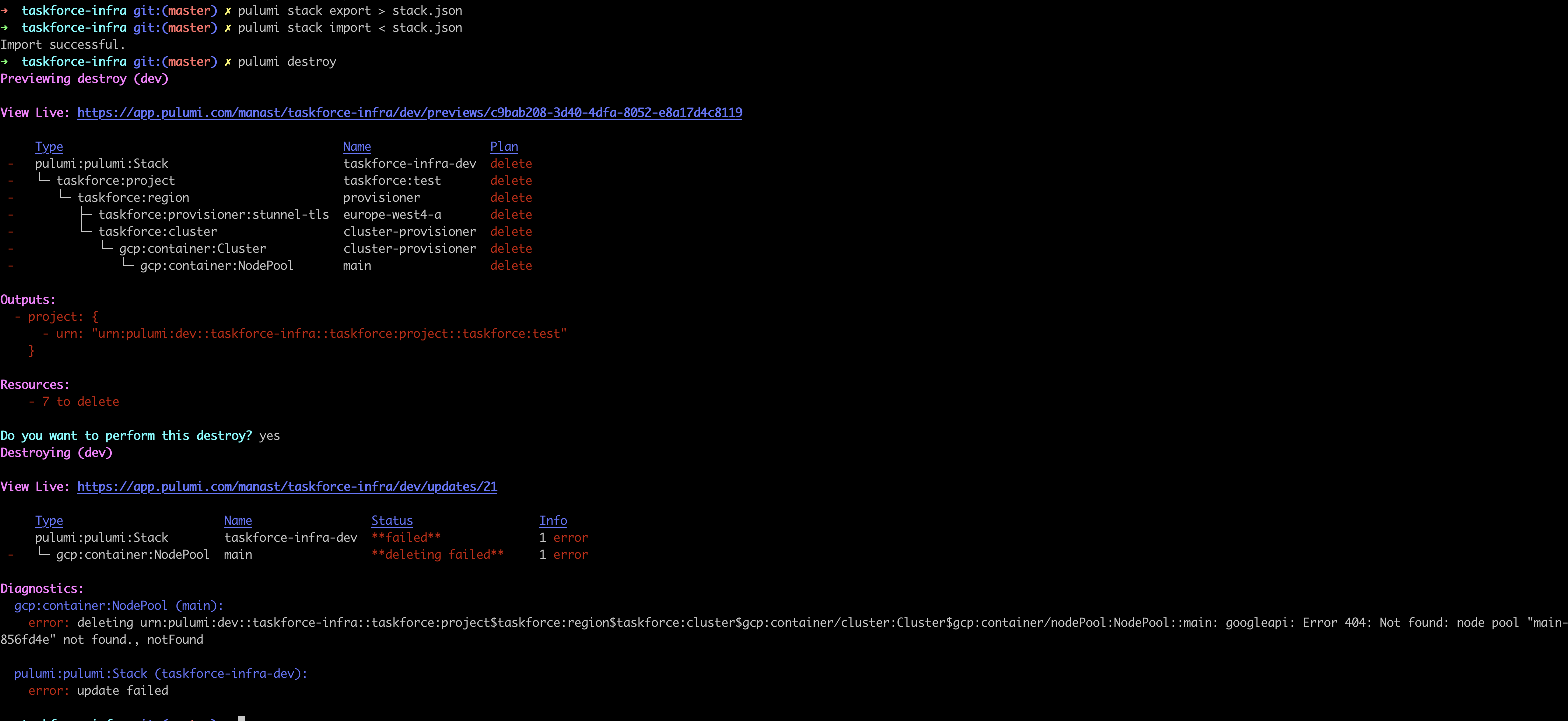 Failing to delete a node pool should not leave the stack in "unknown ...