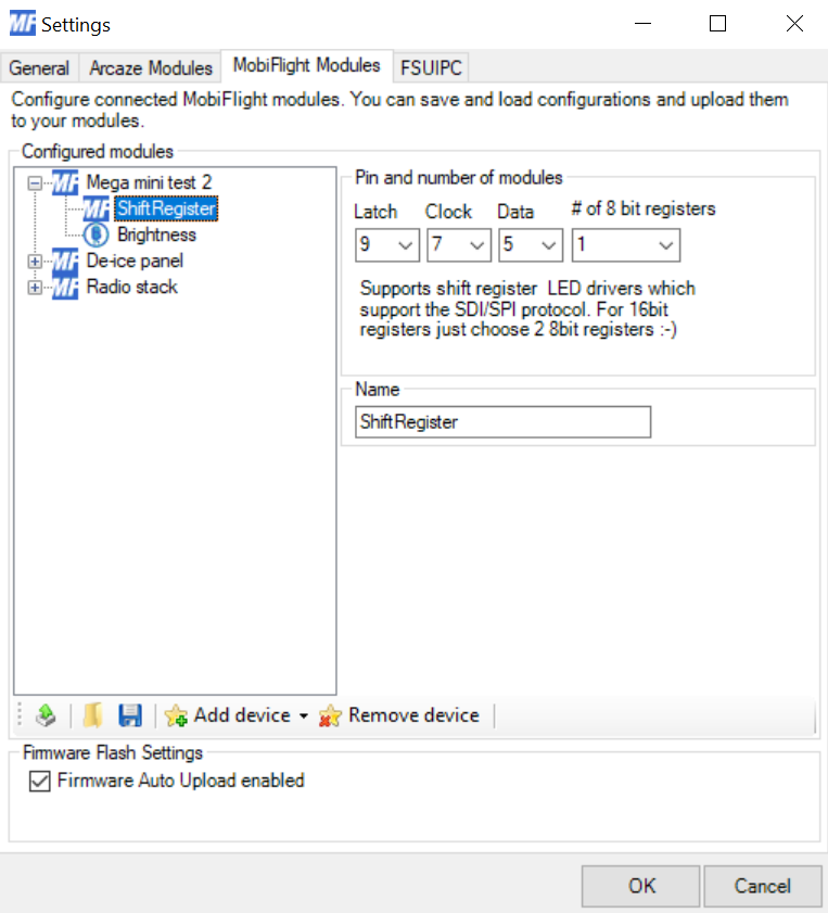MobiFlight device configuration - shift register