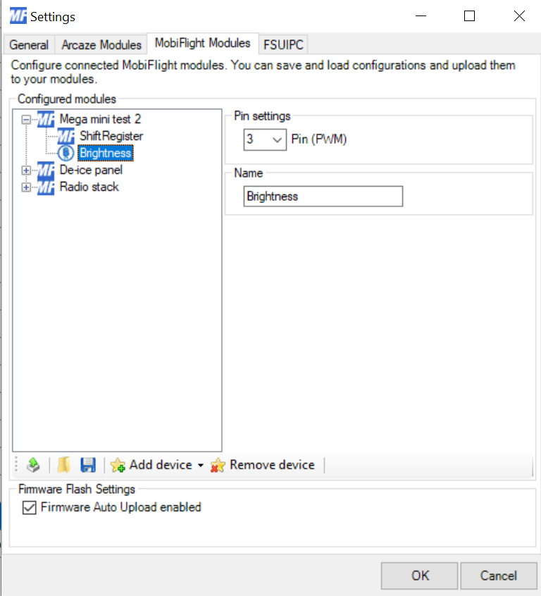 MobiFlight device configuration - brightness