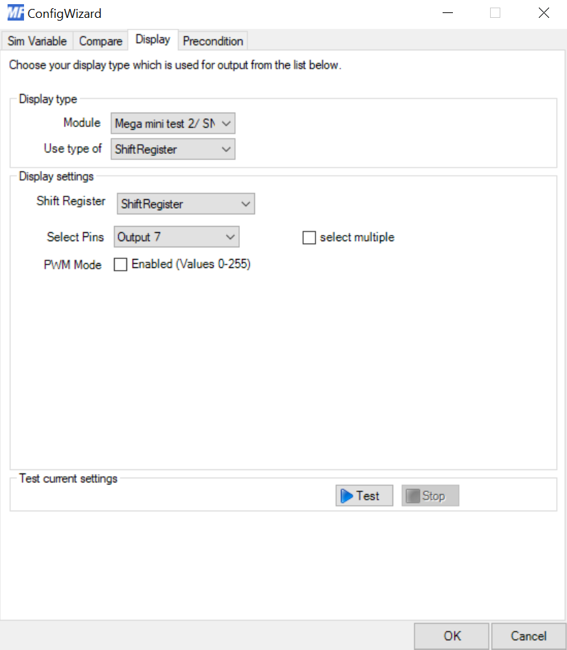 MobiFlight output configuration - shift register