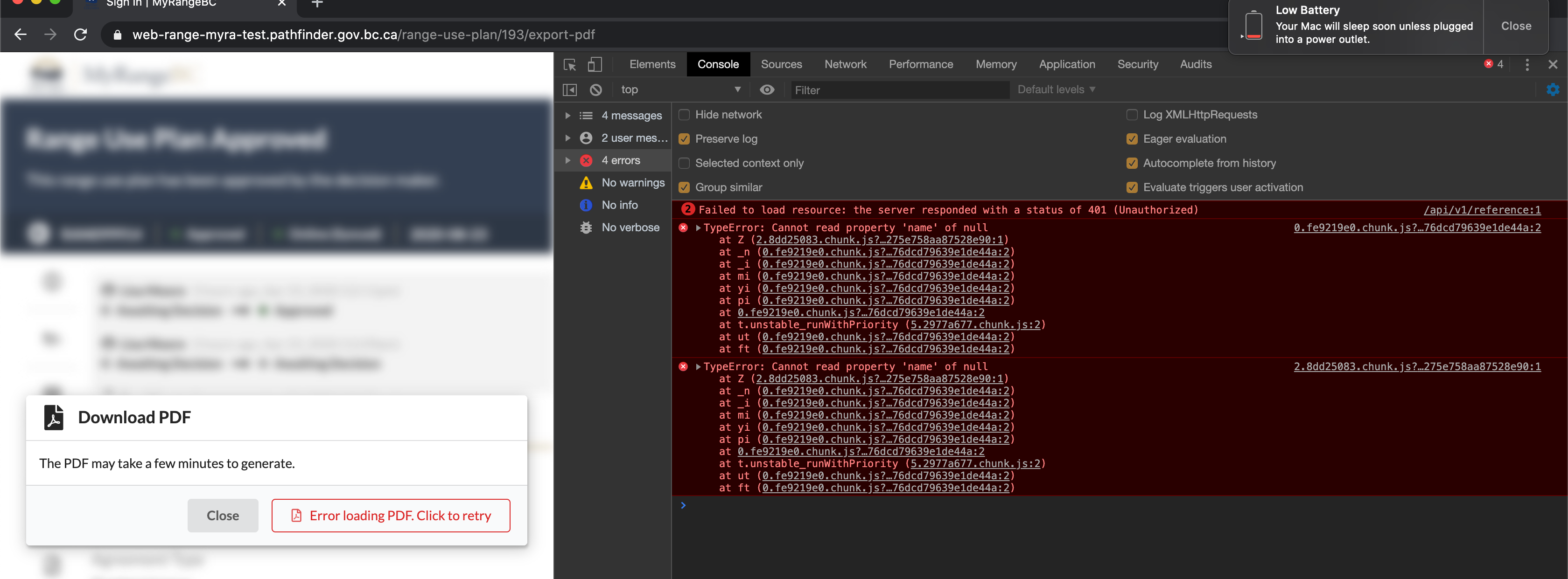 Creating Pdf Error Error generating a PDF · Issue #739 · bcgov/range-web · GitHub