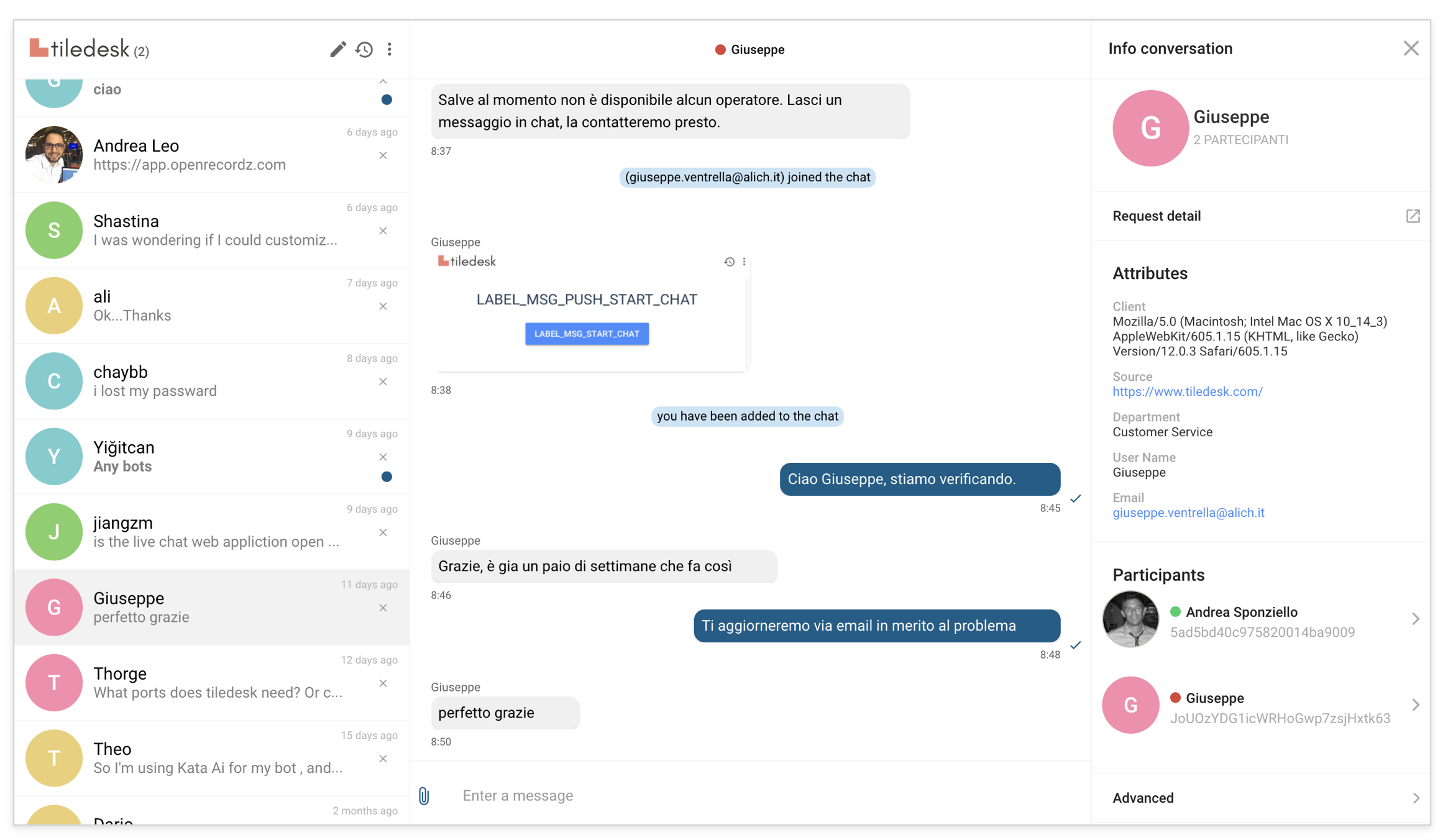 A screenshot of chat21-ionic demo