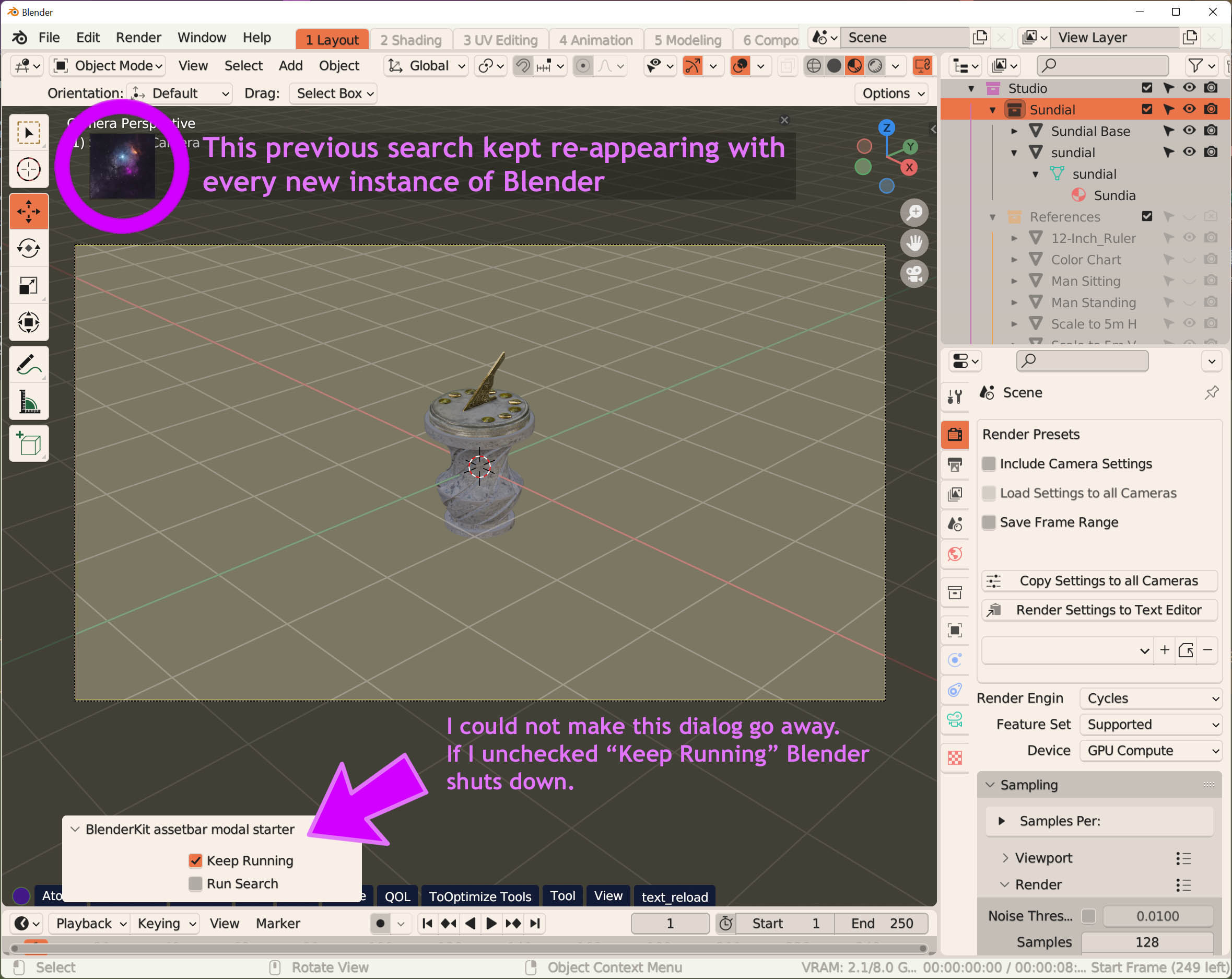 Blenderkit 3.1.6 keeps reopening most recent search upon Blender