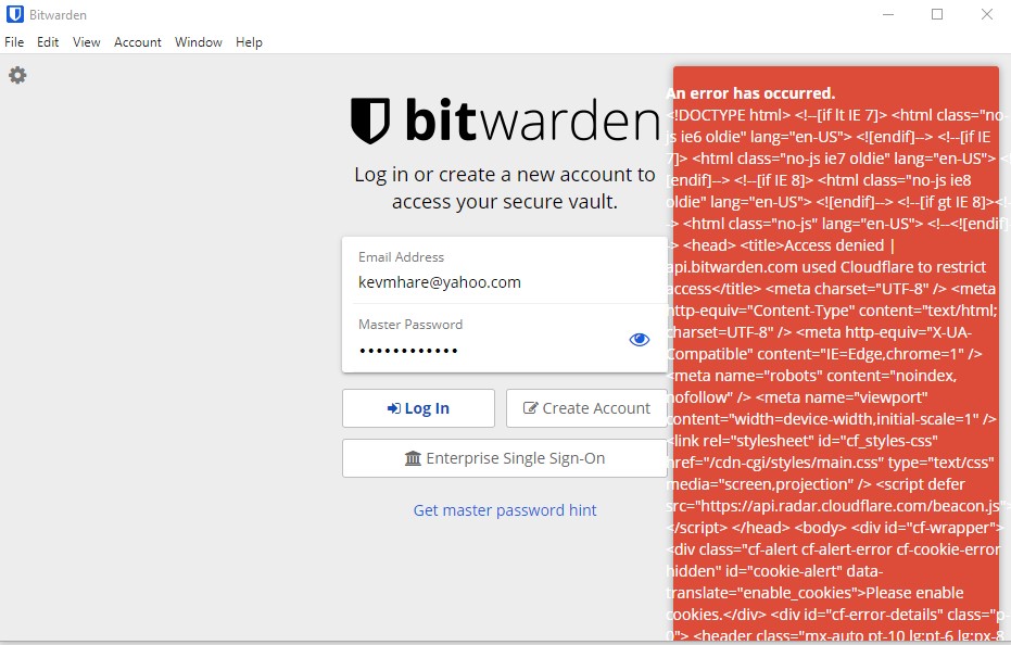 Bitwarden login an error has occurred issue 1184 bitwarden