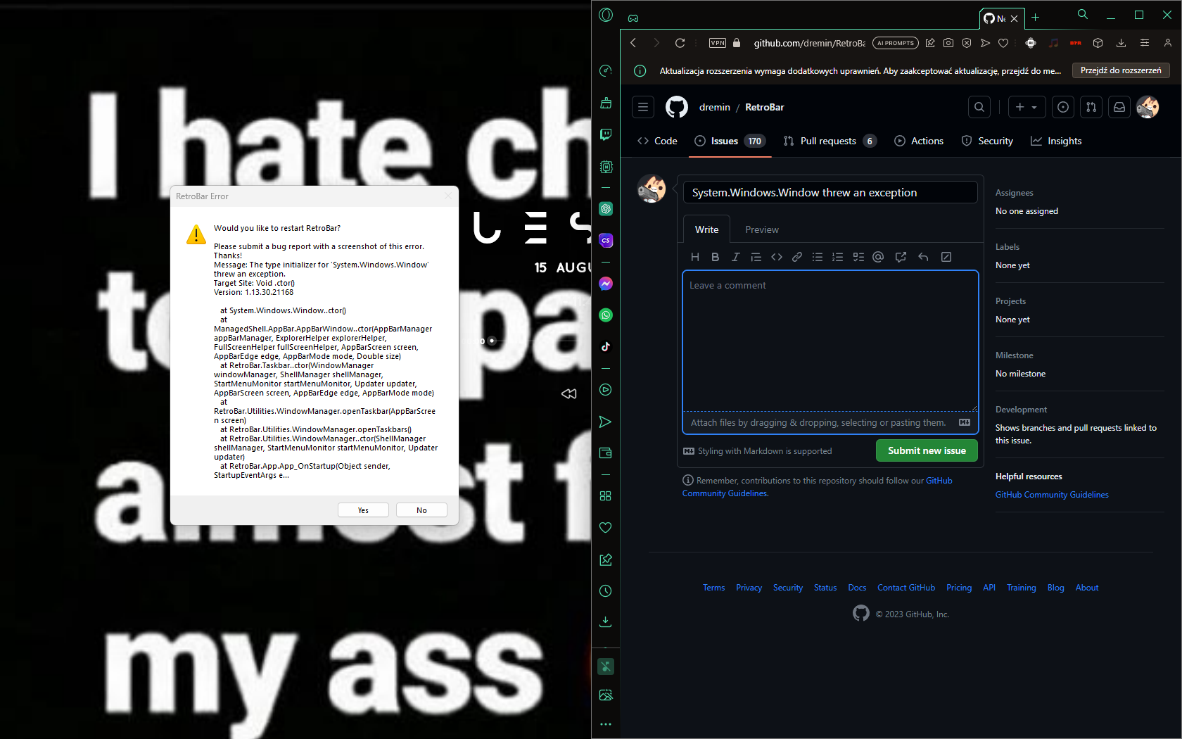 System.Windows.Window threw an exception · Issue 656 · dremin/RetroBar
