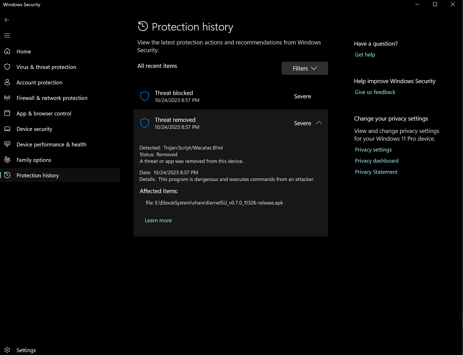 Detected Trojan:Script/Wacatac B ml in KernelSU v0 7 0 11326 release
