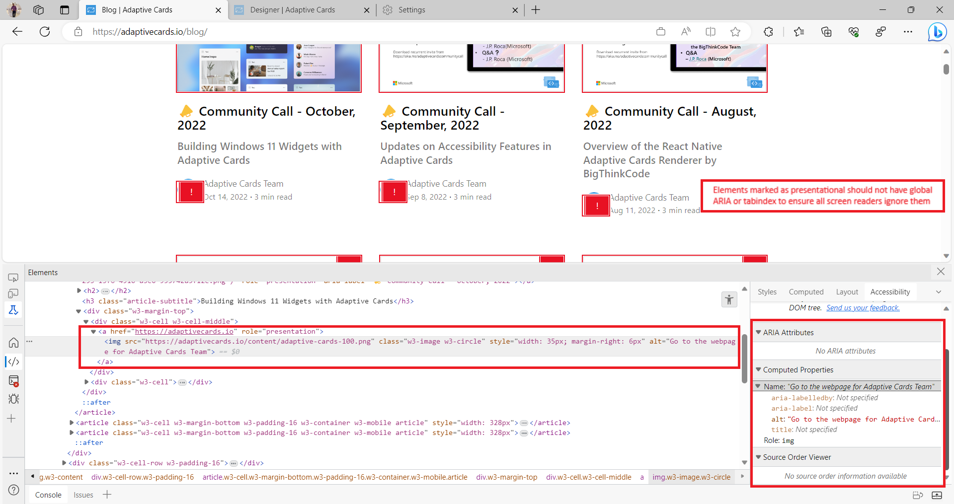{FreewayBug}[Adaptive Cards Blog] Elements marked as presentational