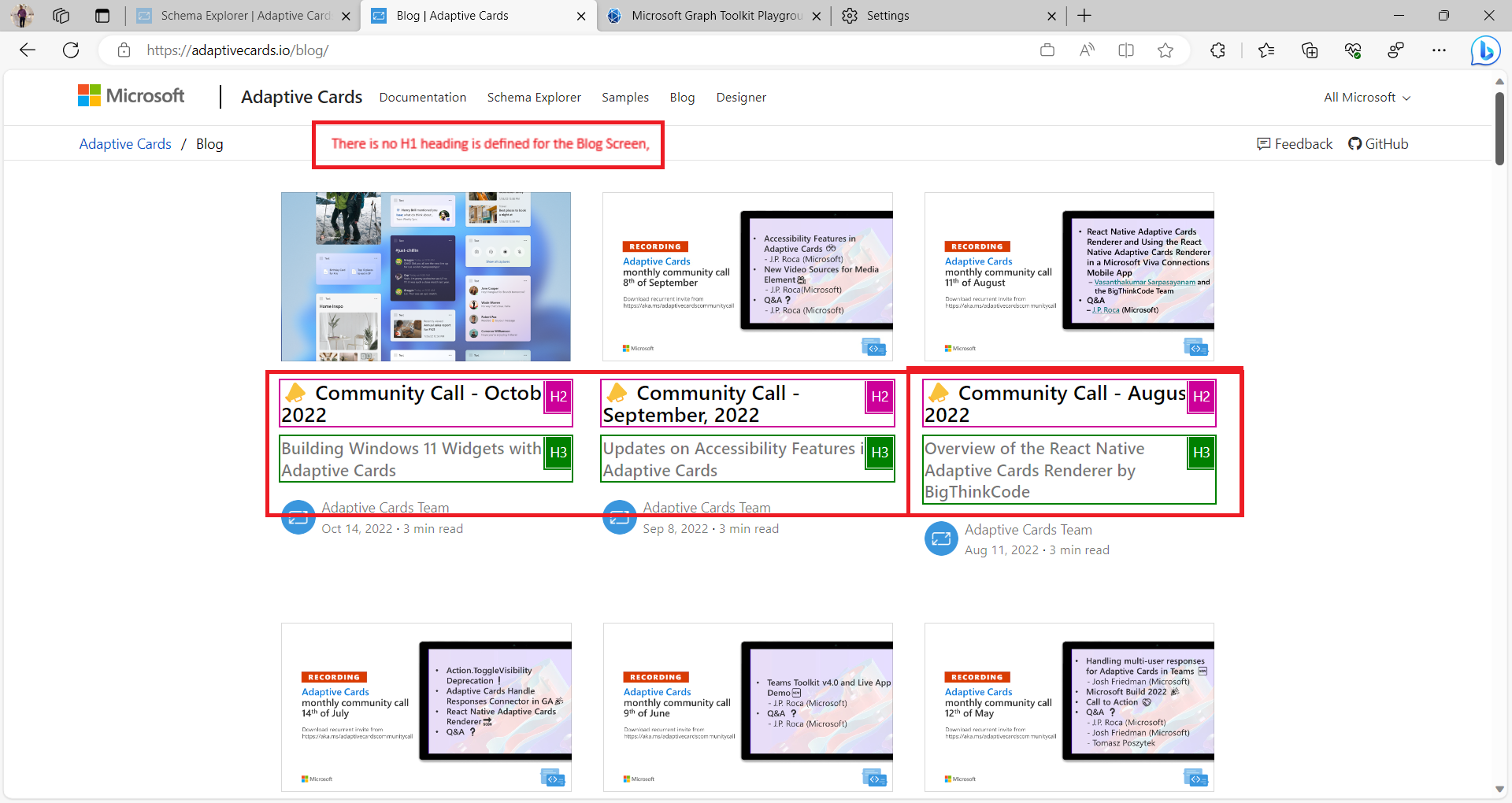 [Adaptive Cards Blog] There is no 'H1' heading defined for the