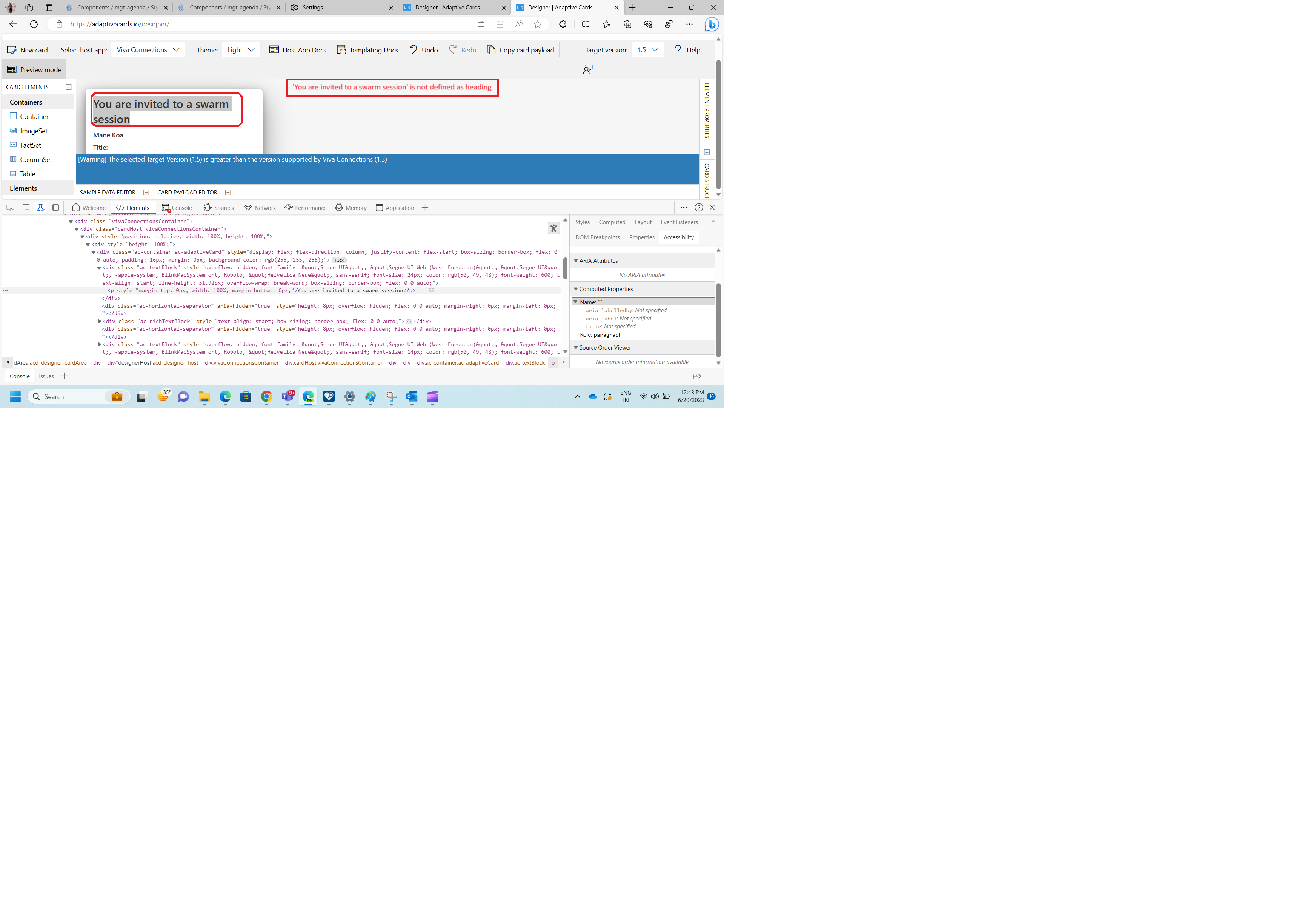 {LinkedBug2920242;LinkedBug2920139} [Adaptive Cards>Designer] 'You
